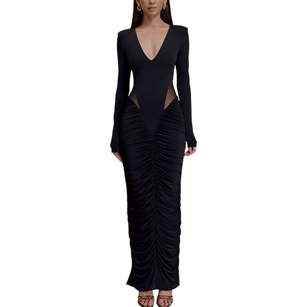 Long Sleeve Black Ruched Cutout Maxi Dress